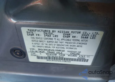 2005 Nissan Sentra 1.8S z USA, uszkodzony, nr VIN 3N1CB51D15L558510